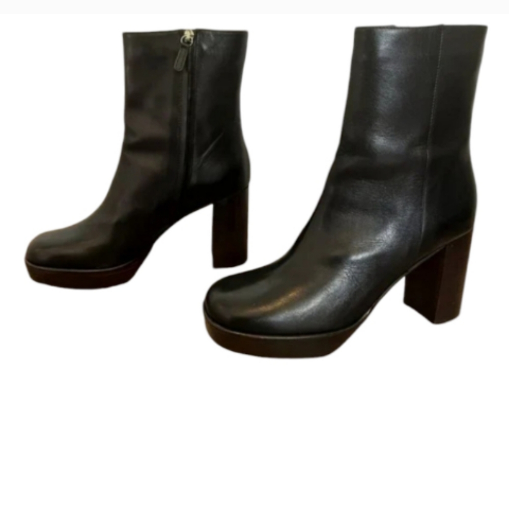 Women’s Black Leather Platform Block Heel Ankle Boots